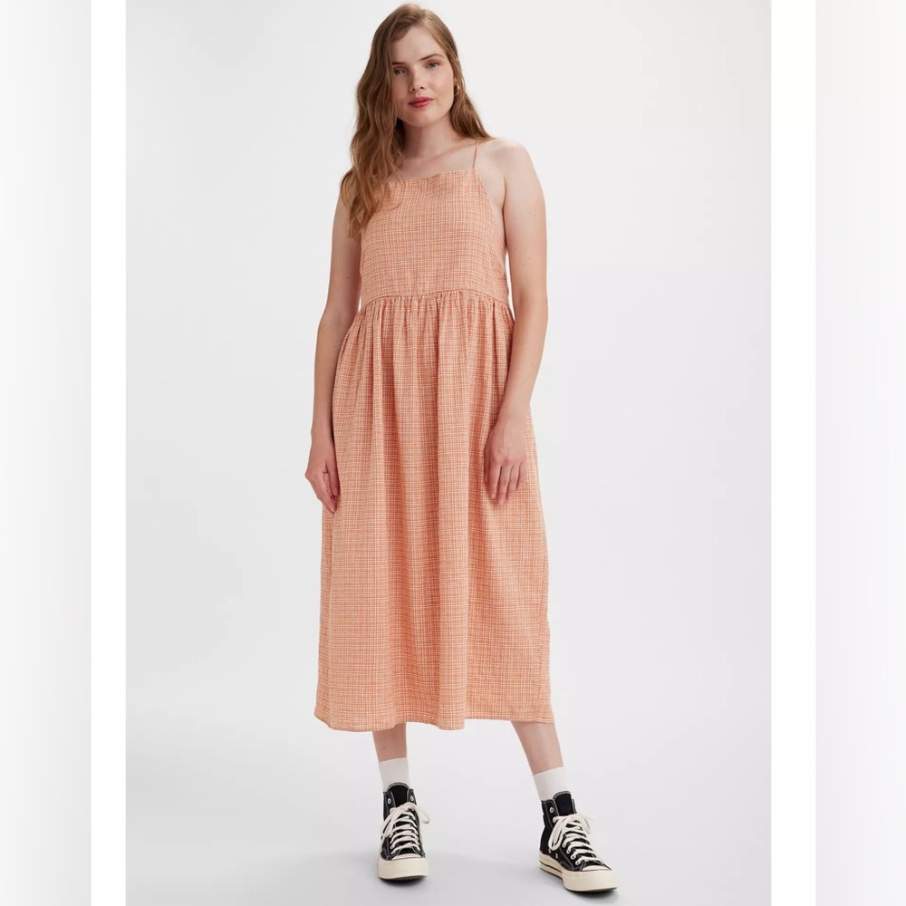 Levi’s Women’s Orange Amilijia Gingham Midi Dress Linen Cotton Blend Size Medium